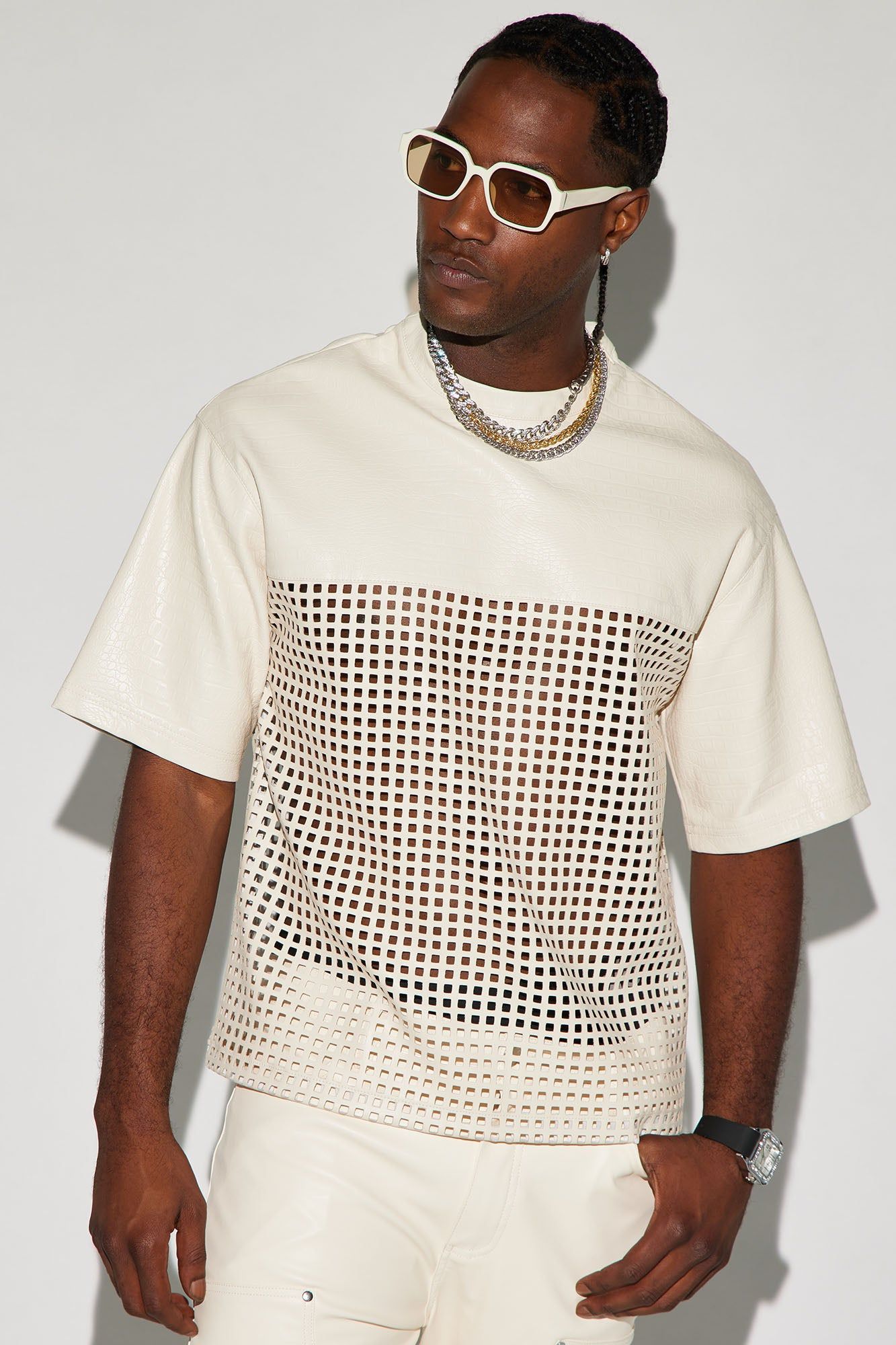 Gotta Run Faux Crocodile Leather Mesh Oversized Tee - Cream sold by Fashion Nova