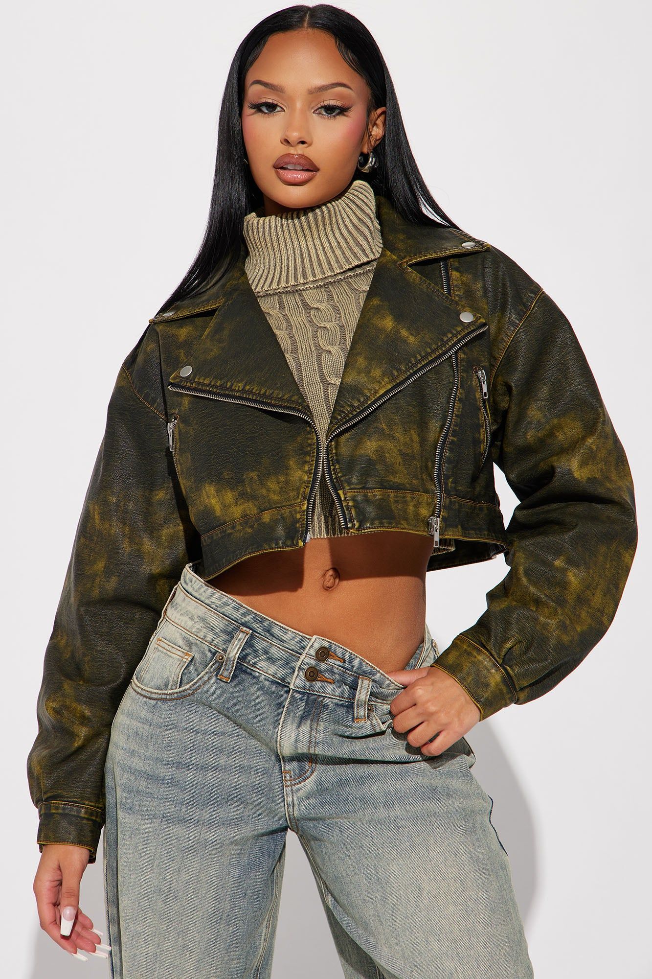 Roadie Washed Faux Leather Moto Jacket - Olive sold by Fashion Nova