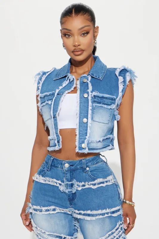 Making A Point Stretch Fray Denim Vest - Medium Wash sold by Fashion Nova