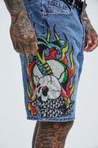 Ed Hardy Fire Cobra Denim Shorts - Medium Blue Wash sold by Fashion Nova
