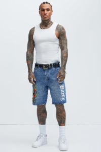 Ed Hardy Fire Cobra Denim Shorts - Medium Blue Wash sold by Fashion Nova
