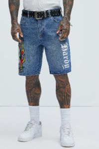 Ed Hardy Fire Cobra Denim Shorts - Medium Blue Wash sold by Fashion Nova