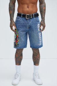 Ed Hardy Fire Cobra Denim Shorts - Medium Blue Wash sold by Fashion Nova