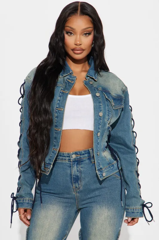 Make It Complicated Lace Up Denim Jacket - Vintage Wash sold by Fashion Nova