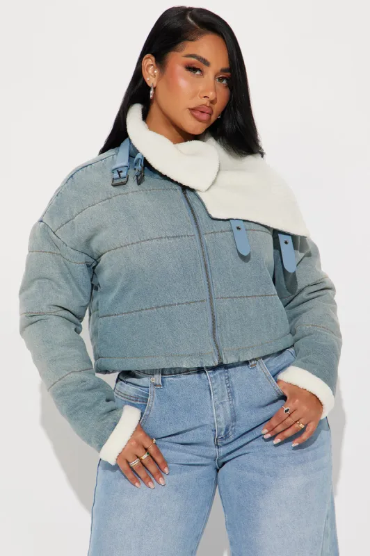 No Fluff Denim Bomber Jacket - Medium Wash sold by Fashion Nova