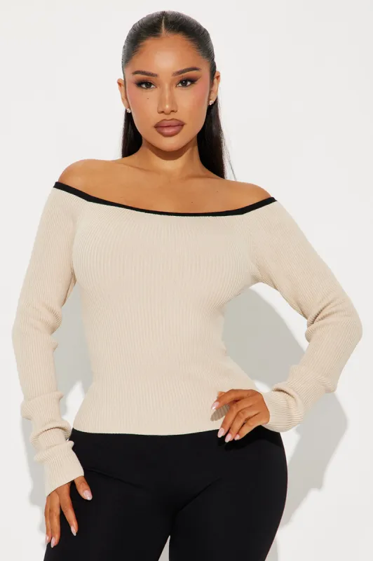 Parisian Chic Off Shoulder Sweater - Taupe/combo sold by Fashion Nova