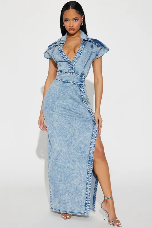 Remember Me Denim Maxi Dress - Light Wash sold by Fashion Nova