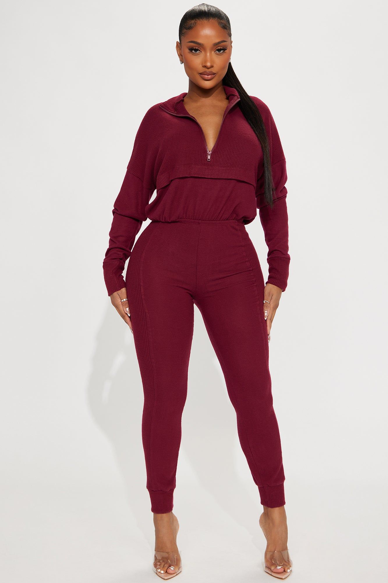 Whole Again Jumpsuit - Burgundy sold by Fashion Nova