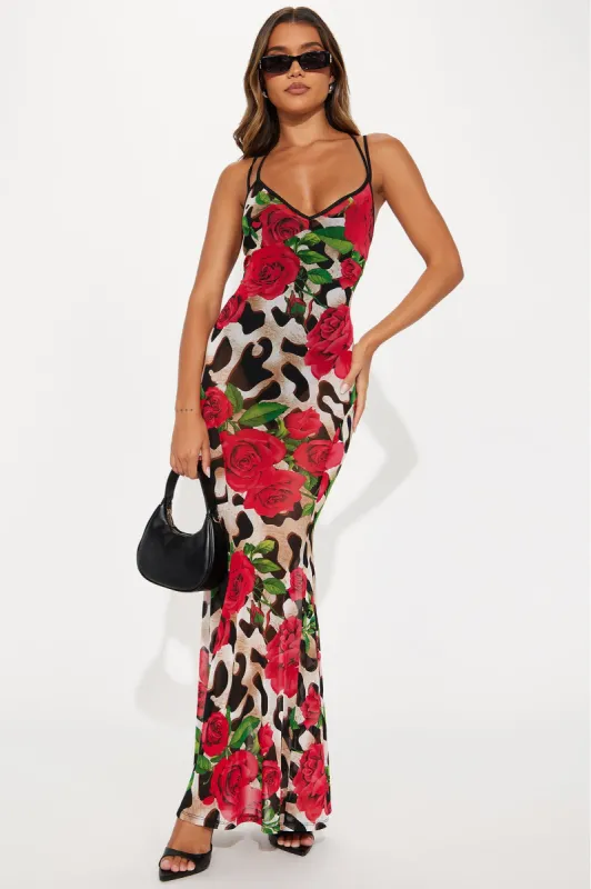 Roses Are Red Mesh Maxi Dress - Brown/combo sold by Fashion Nova