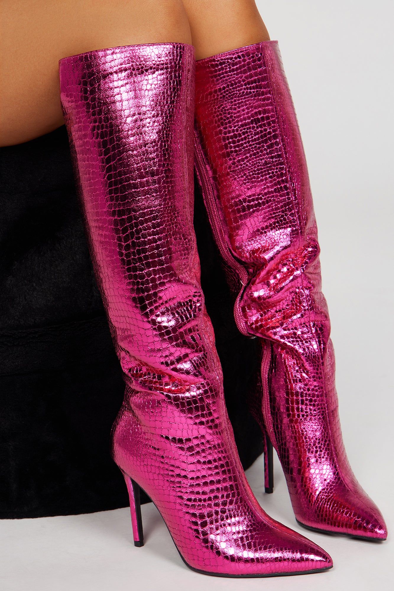 Starships Knee High Heeled Boots - Fuchsia sold by Fashion Nova