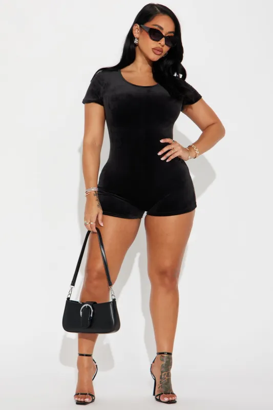 OG Girlfriend Velour Romper - Black sold by Fashion Nova