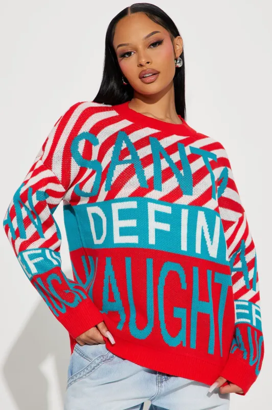Define Naughty Sweater - Red/combo sold by Fashion Nova