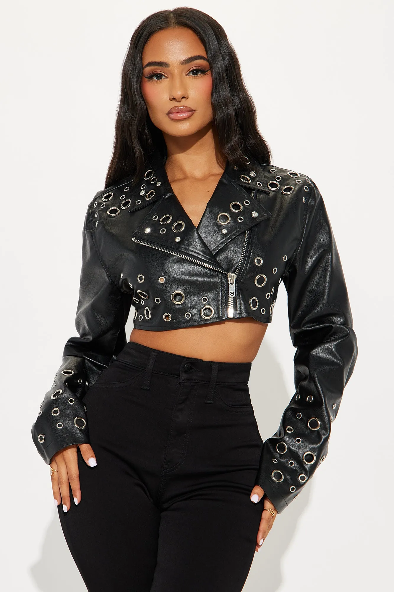 Holes In Your Story Cropped Faux Leather Jacket - Black sold by Fashion Nova product image thumbnail 4