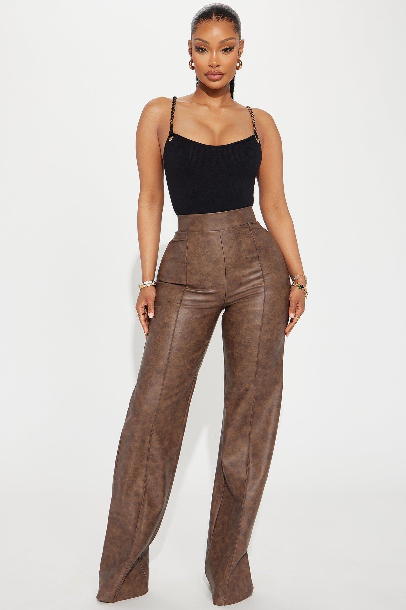 Victoria High Waisted Washed Faux Leather Dress Pants - Chocolate sold by Fashion Nova