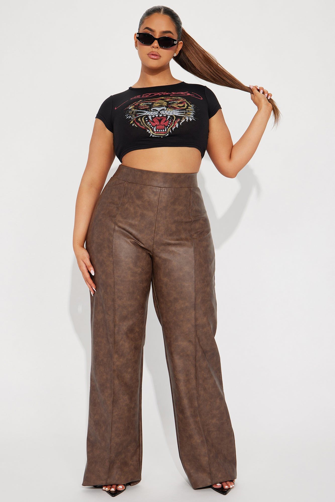 Victoria High Waisted Washed Faux Leather Dress Pants - Chocolate sold by Fashion Nova product image thumbnail 4