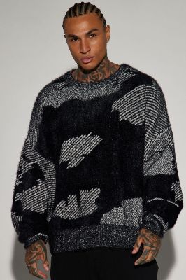 Fuzzy Textured Crewneck Sweater - Black/combo sold by Fashion Nova