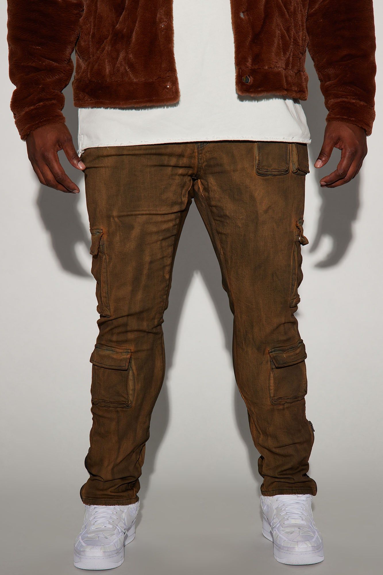 Pocket Me Cargo Stacked Skinny Zipper Flare Jeans - Brown sold by Fashion Nova