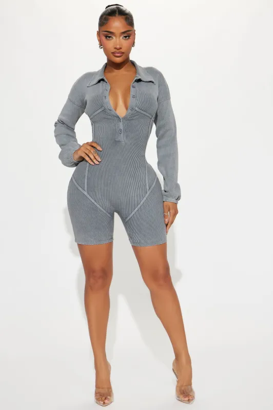 She's Just The One Ribbed Romper - Grey sold by Fashion Nova