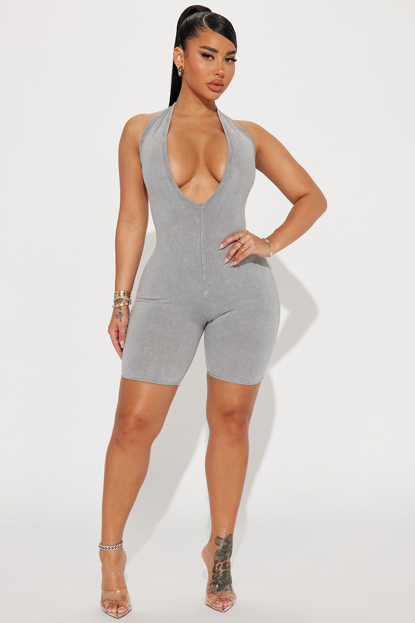 Laylah Mineral Wash Romper - Grey sold by Fashion Nova