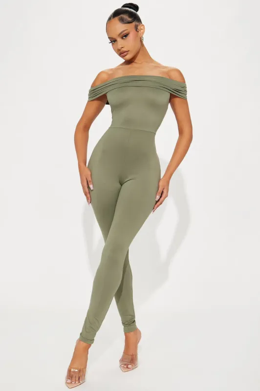 Let's Stay Up Jumpsuit - Olive sold by Fashion Nova