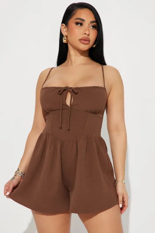 The Love Galore Romper - Chocolate sold by Fashion Nova