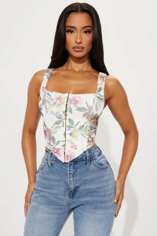 La Flor Mesh Corset Top - Ivory/combo sold by Fashion Nova
