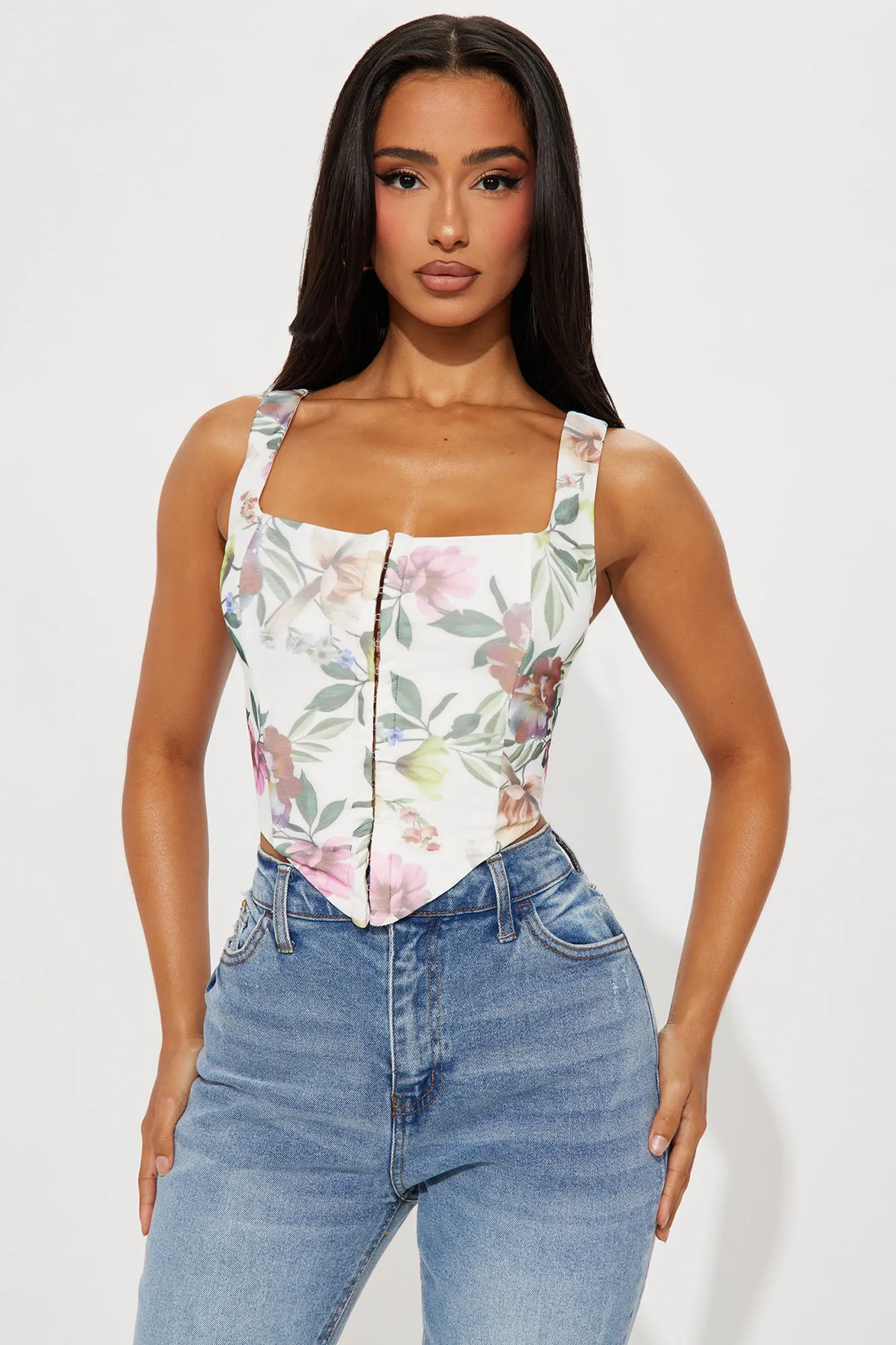 La Flor Mesh Corset Top - Ivory/combo sold by Fashion Nova