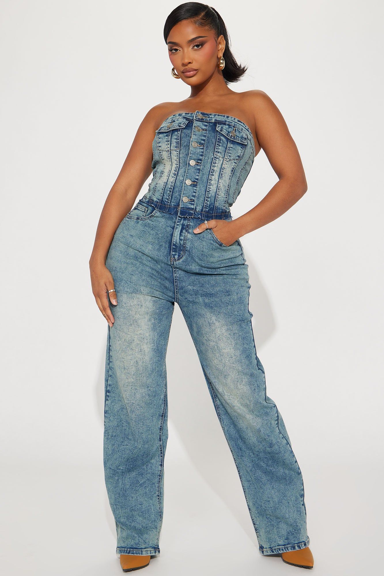 Charming Girl Denim Jumpsuit - Medium Wash sold by Fashion Nova
