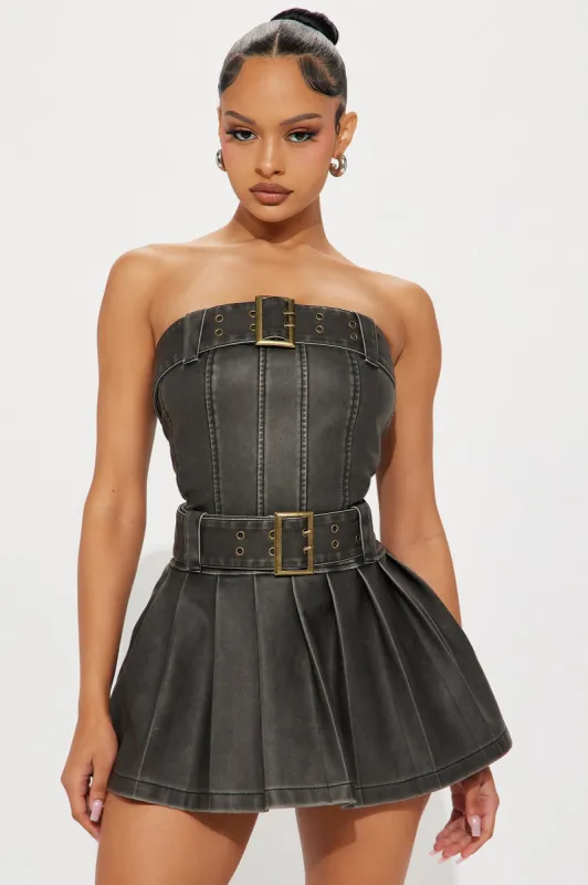 Never be Tamed Faux Leather Romper - Black sold by Fashion Nova