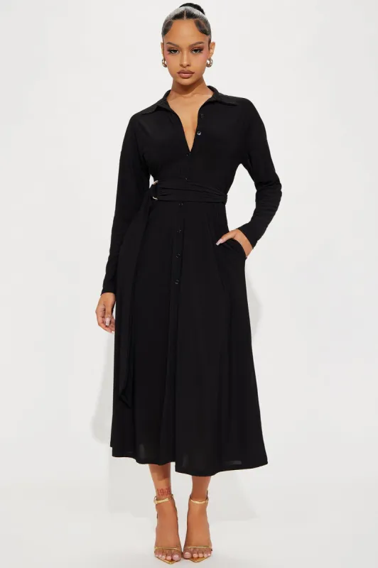 Elena Button Up Midi Dress - Black sold by Fashion Nova