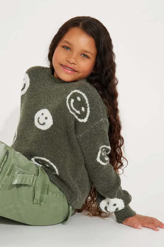 Mini Happy Thoughts Pullover Sweater - Olive sold by Fashion Nova