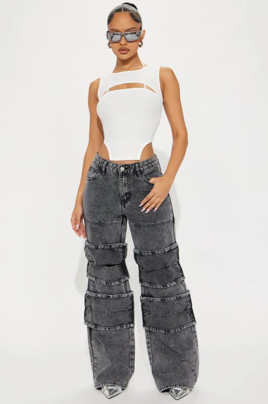 Don't Play Acid Wash Wide Leg Jeans - Black Wash sold by Fashion Nova