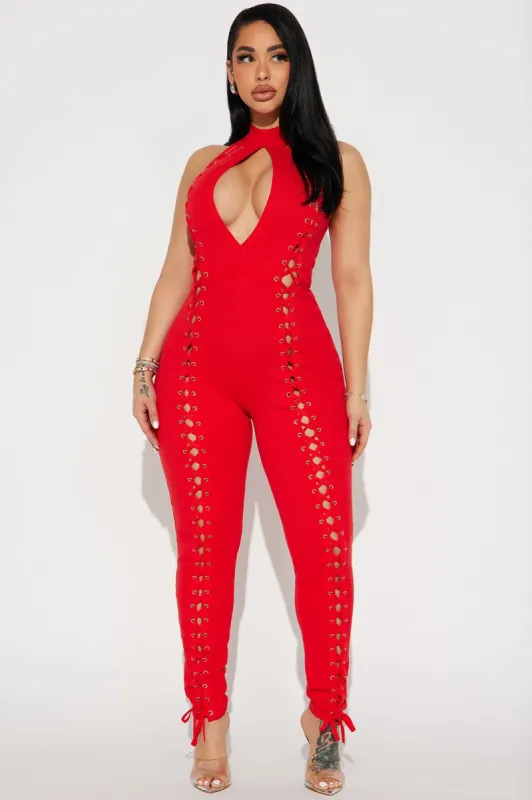 Issey Lace Up Jumpsuit - Red sold by Fashion Nova