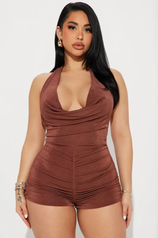 Got To Be Real Slinky Romper - Brown sold by Fashion Nova