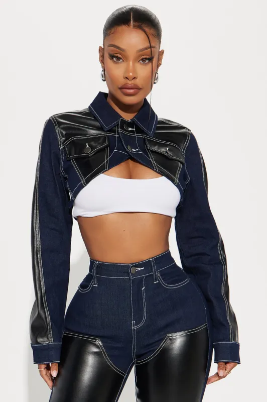 Cut It Close Faux Leather Denim Bolero Jacket - Dark Wash sold by Fashion Nova