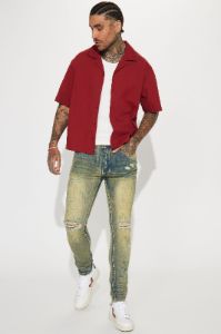 Go With It Ripped Stacked Skinny Jeans - Vintage Blue Wash sold by Fashion Nova
