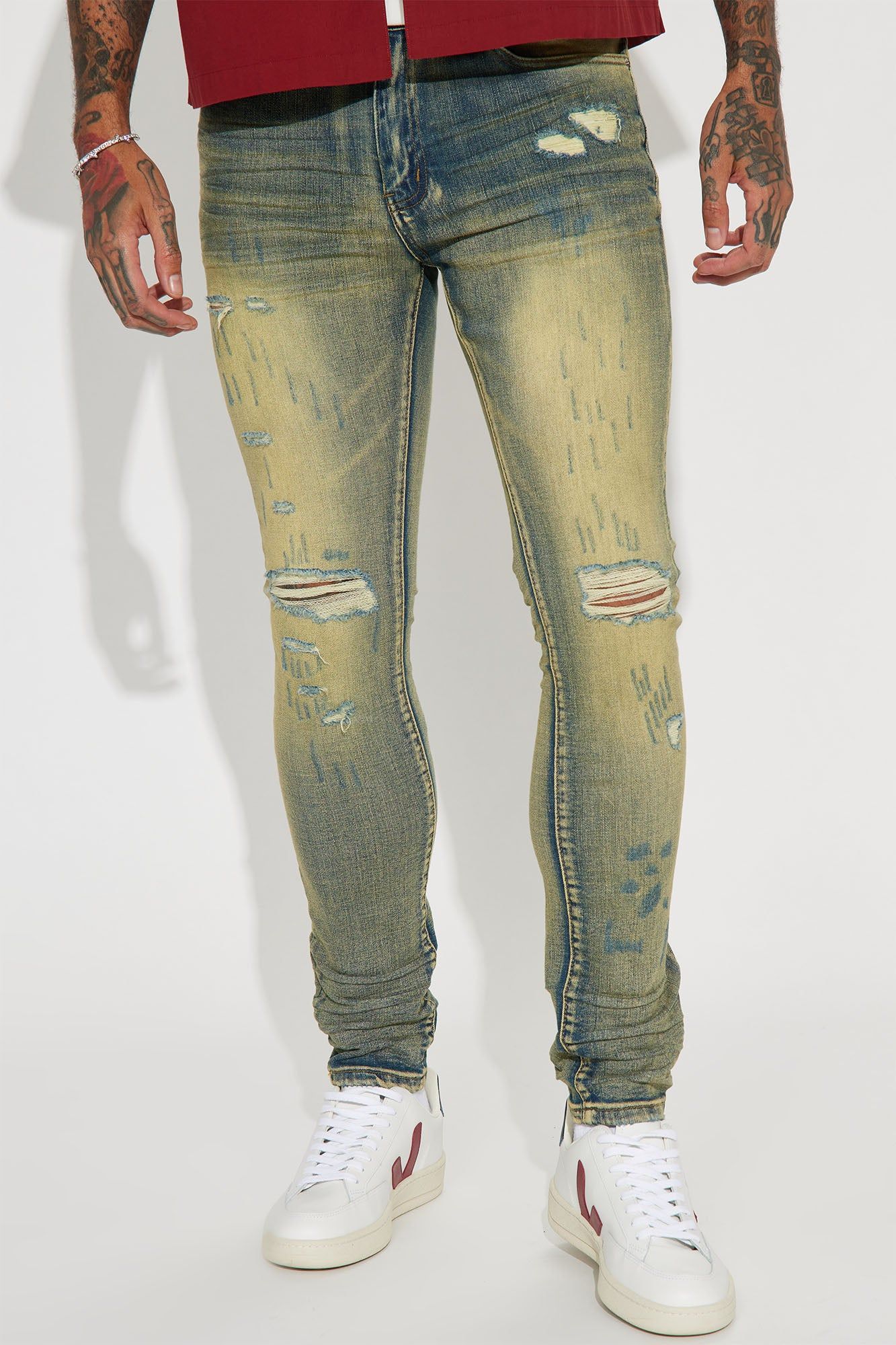 Go With It Ripped Stacked Skinny Jeans - Vintage Blue Wash sold by Fashion Nova