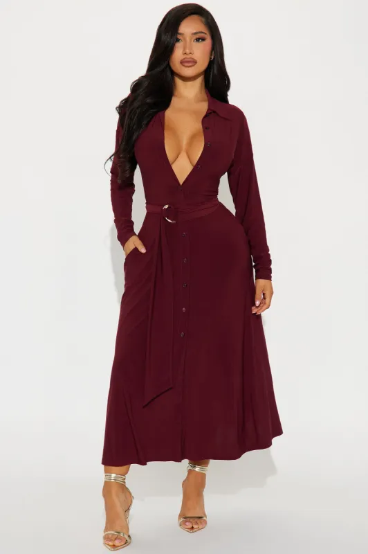 Elena Button Up Midi Dress - Burgundy sold by Fashion Nova