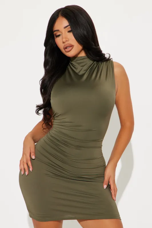 Riley Ruched Mini Dress - Olive sold by Fashion Nova