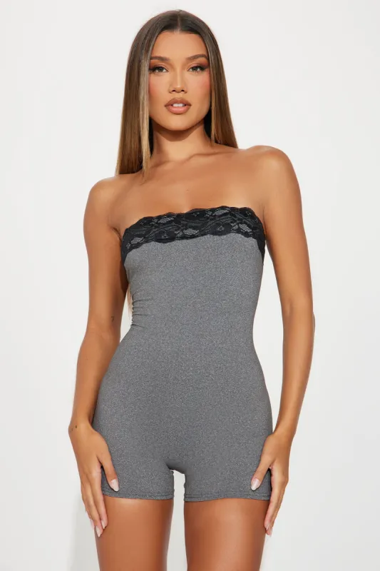 Not As Cool Romper - Heather Grey sold by Fashion Nova