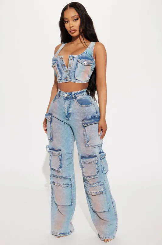 Losing Time Cargo Pant Set - Acid Wash Denim made by Fashion Nova