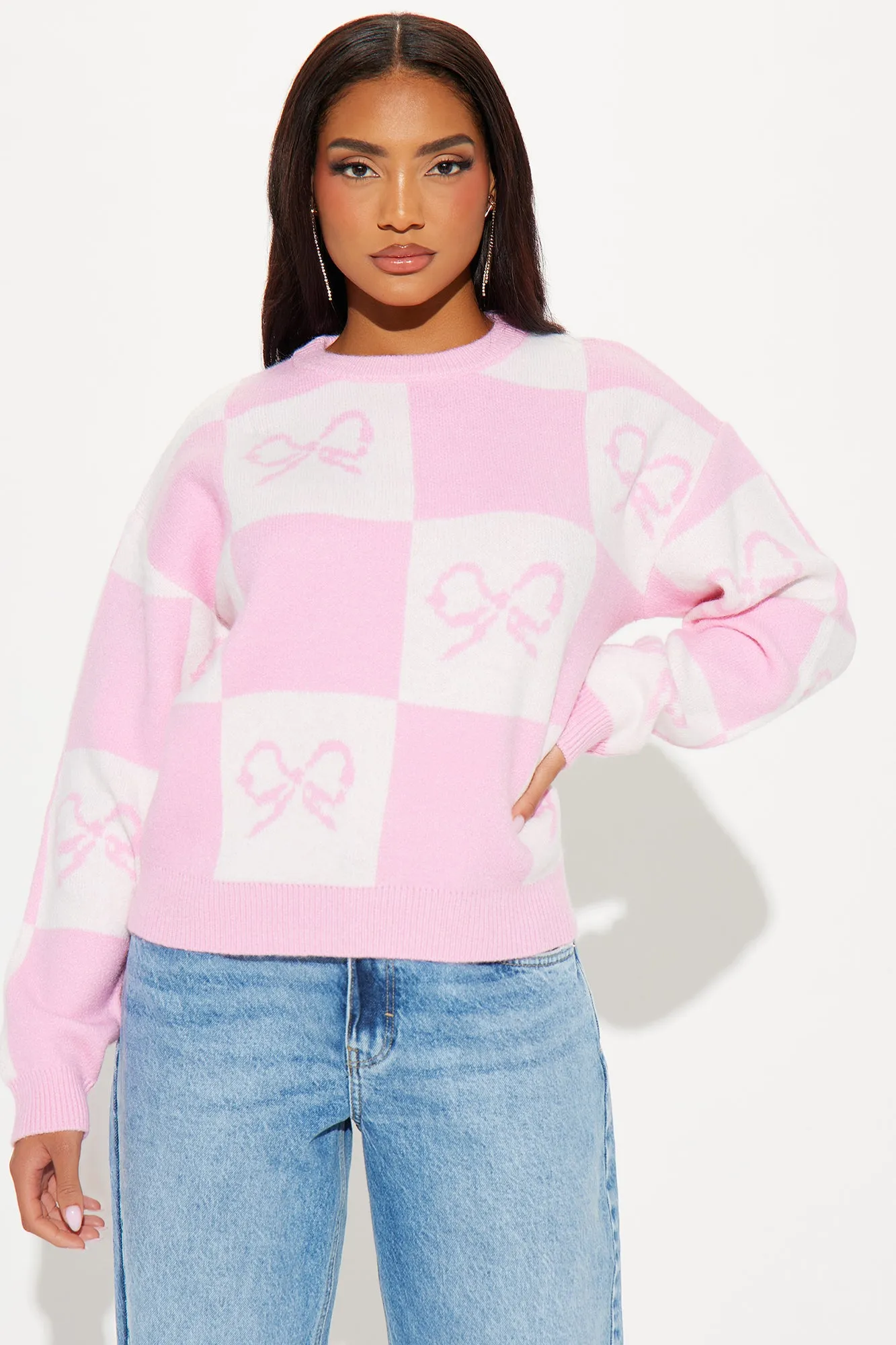 Wrapped In A Bow Sweater - Pink/combo sold by Fashion Nova