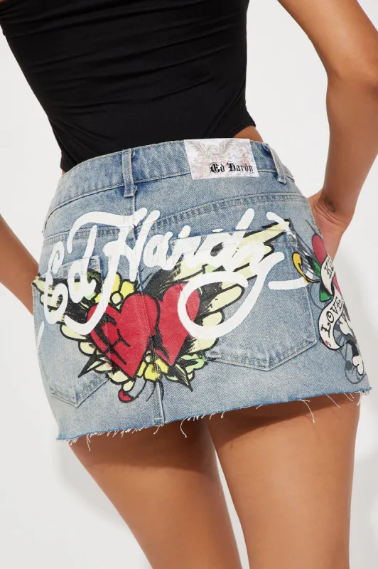 Ed Hardy Skull Denim Mini Skirt - Light Wash sold by Fashion Nova