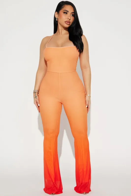 Sun Kissed Mesh Jumpsuit - Orange/combo sold by Fashion Nova