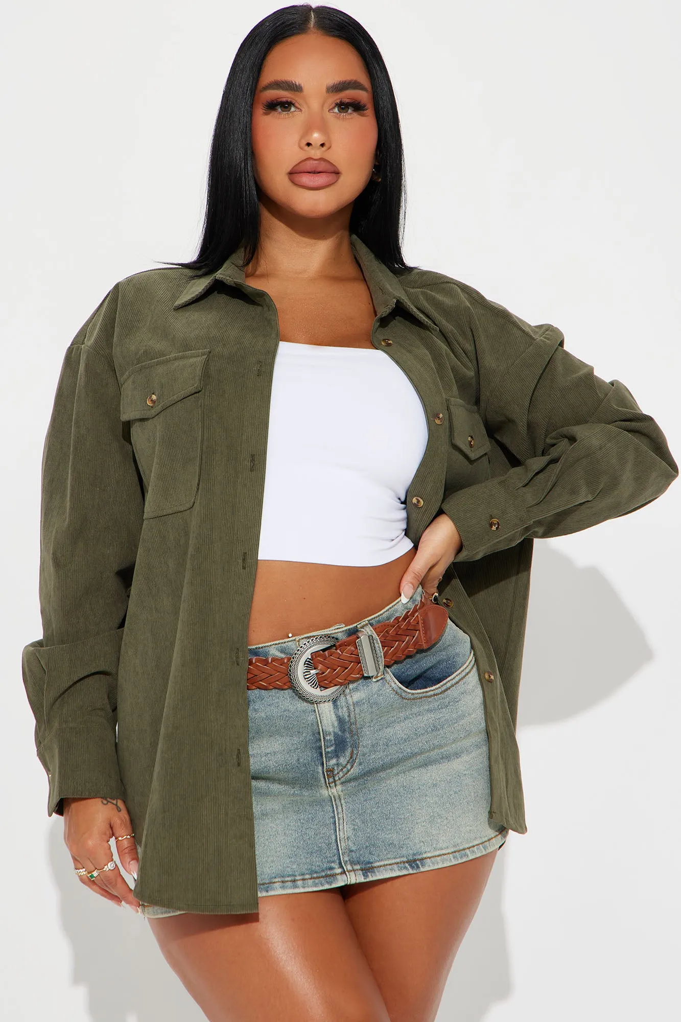Fall Feeling Corduroy Shirt - Olive sold by Fashion Nova