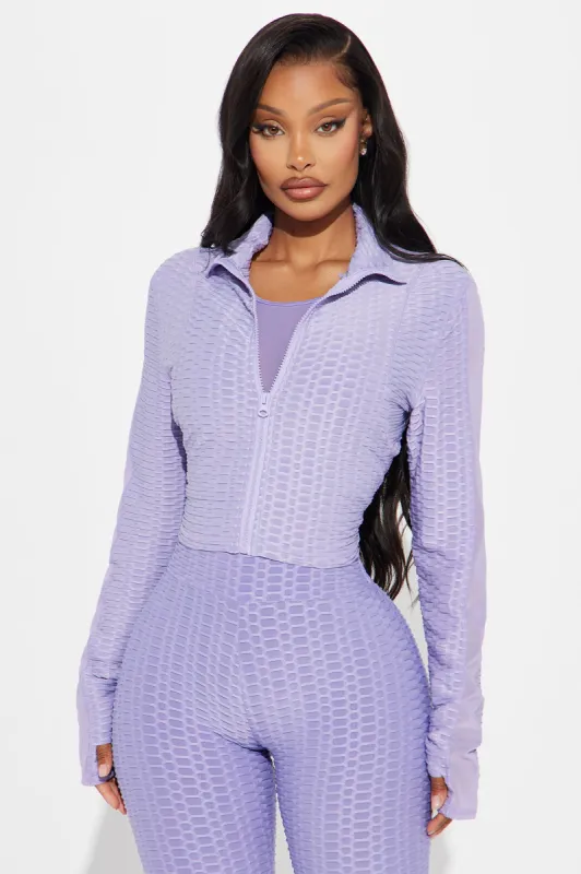 The Best Assets Textured Crop Active Jacket - Lavender sold by Fashion Nova