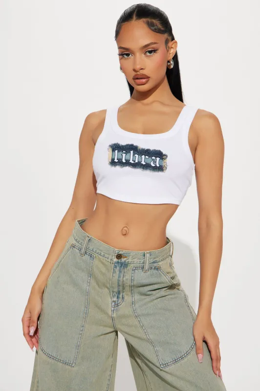 Libra Energy Denim Patch Tank Top - White sold by Fashion Nova