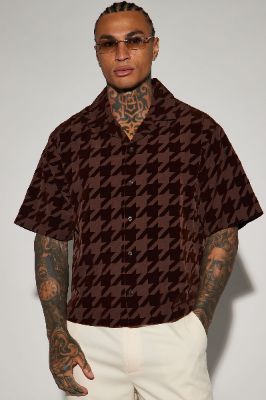 Textured Houndstooth Button Up Shirt - Brown sold by Fashion Nova