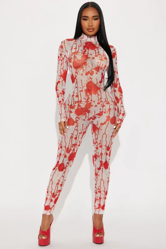 Bloody Babe Jumpsuit Costume - Red/combo sold by Fashion Nova