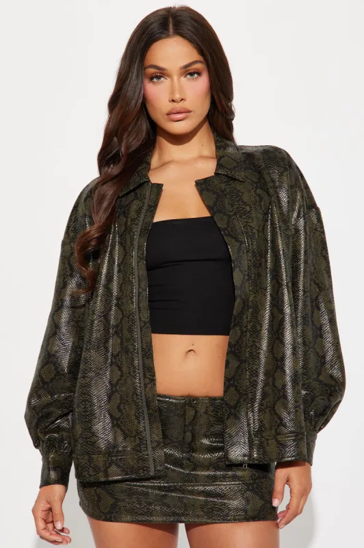 Got Venom Oversized Bomber Jacket - Olive/combo sold by Fashion Nova